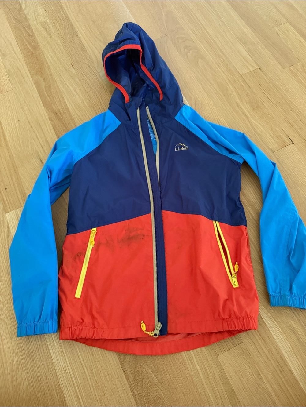 L.L. Bean Kids Colorblock Hooded Rain Jacket - Navy, Bright Blue & orange